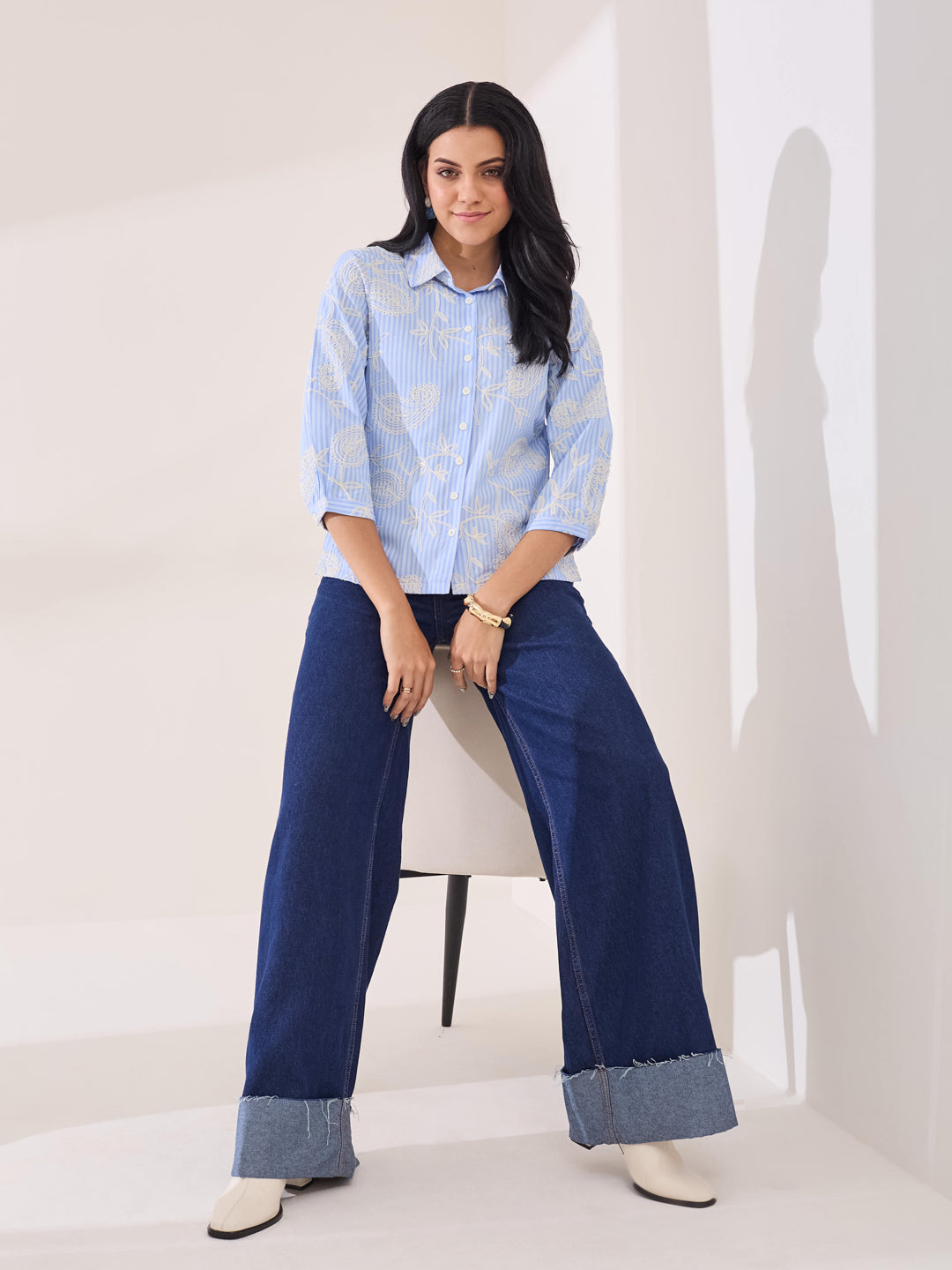 Latin Quarters Women's Blue Embroidery 3/4th Sleeve Collar Neck Casual Shirt