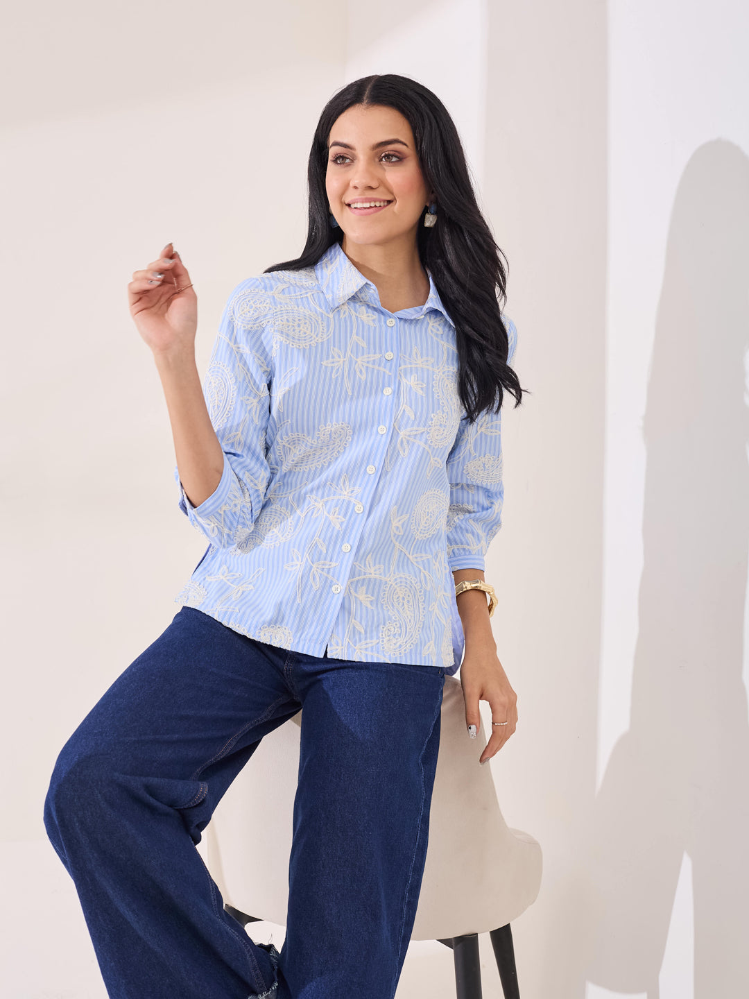 Latin Quarters Women's Blue Embroidery 3/4th Sleeve Collar Neck Casual Shirt