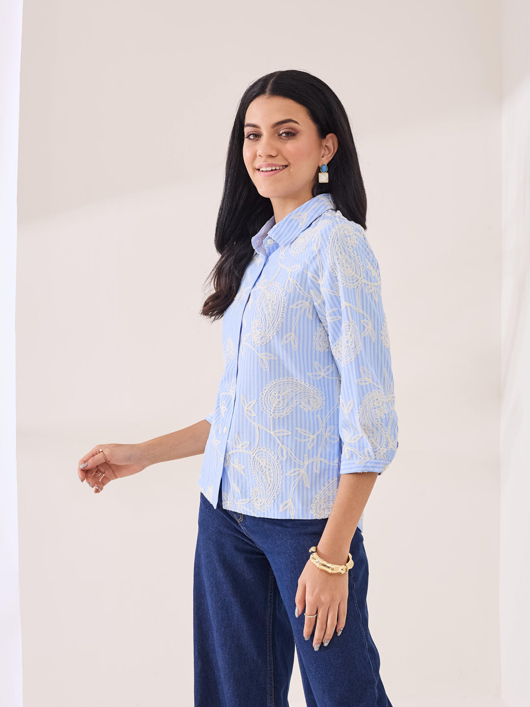 Latin Quarters Women's Blue Embroidery 3/4th Sleeve Collar Neck Casual Shirt