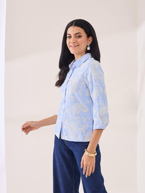 Latin Quarters Women's Blue Embroidery 3/4th Sleeve Collar Neck Casual Shirt
