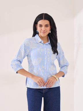 Latin Quarters Women's Blue Embroidery 3/4th Sleeve Collar Neck Casual Shirt