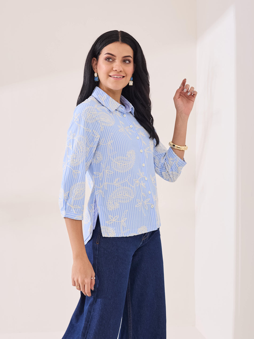 Latin Quarters Women's Blue Embroidery 3/4th Sleeve Collar Neck Casual Shirt