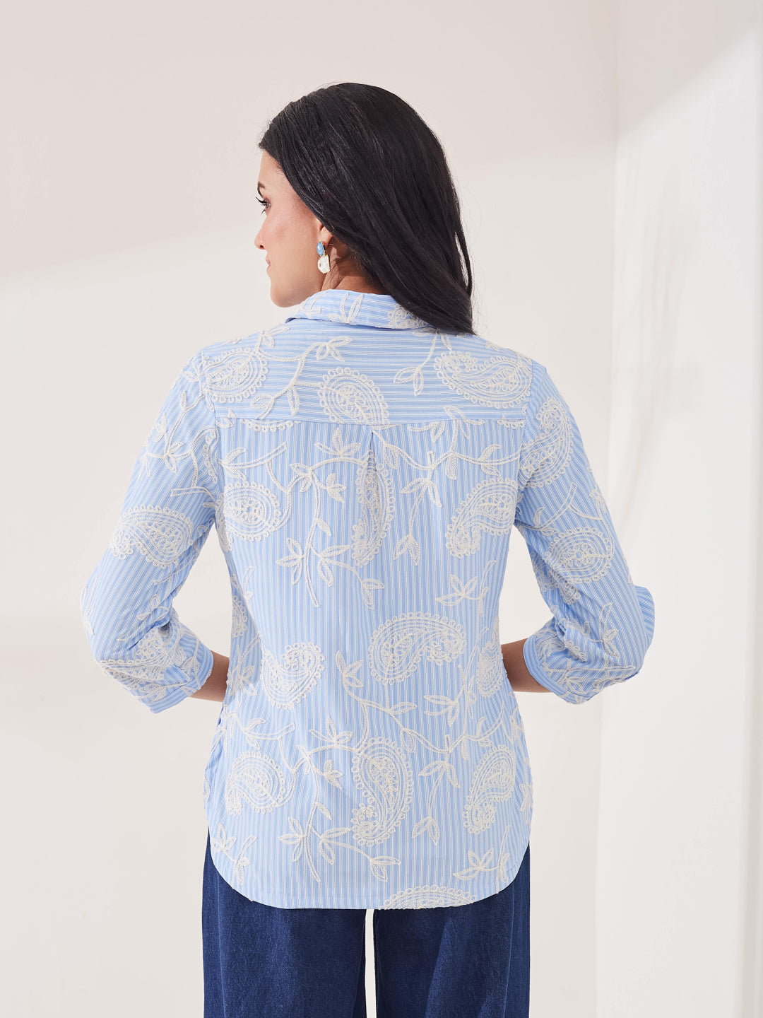 Latin Quarters Women's Blue Embroidery 3/4th Sleeve Collar Neck Casual Shirt