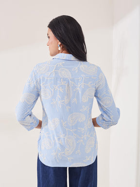 Latin Quarters Women's Blue Embroidery 3/4th Sleeve Collar Neck Casual Shirt