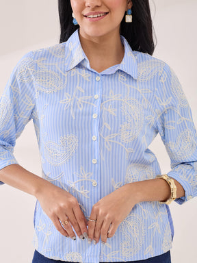 Latin Quarters Women's Blue Embroidery 3/4th Sleeve Collar Neck Casual Shirt