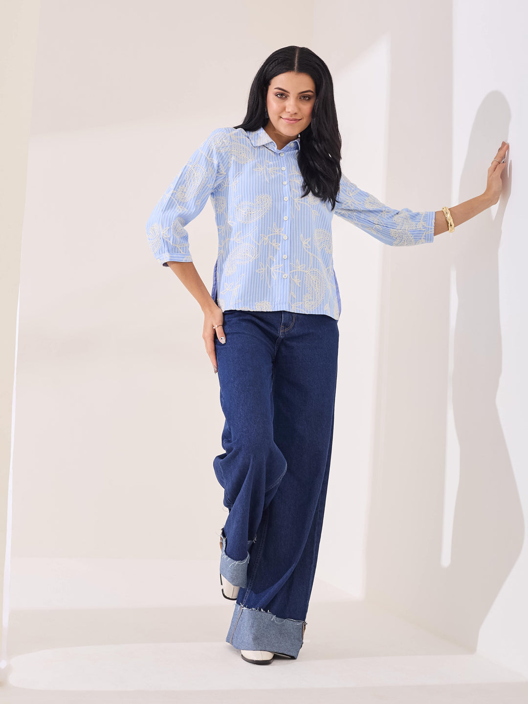 Latin Quarters Women's Blue Embroidery 3/4th Sleeve Collar Neck Casual Shirt