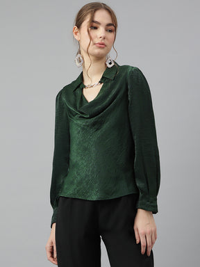 Latin Quarters Women's Green Full Sleeves Collar Neck Casual Solid Top