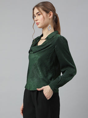 Latin Quarters Women's Green Full Sleeves Collar Neck Casual Solid Top