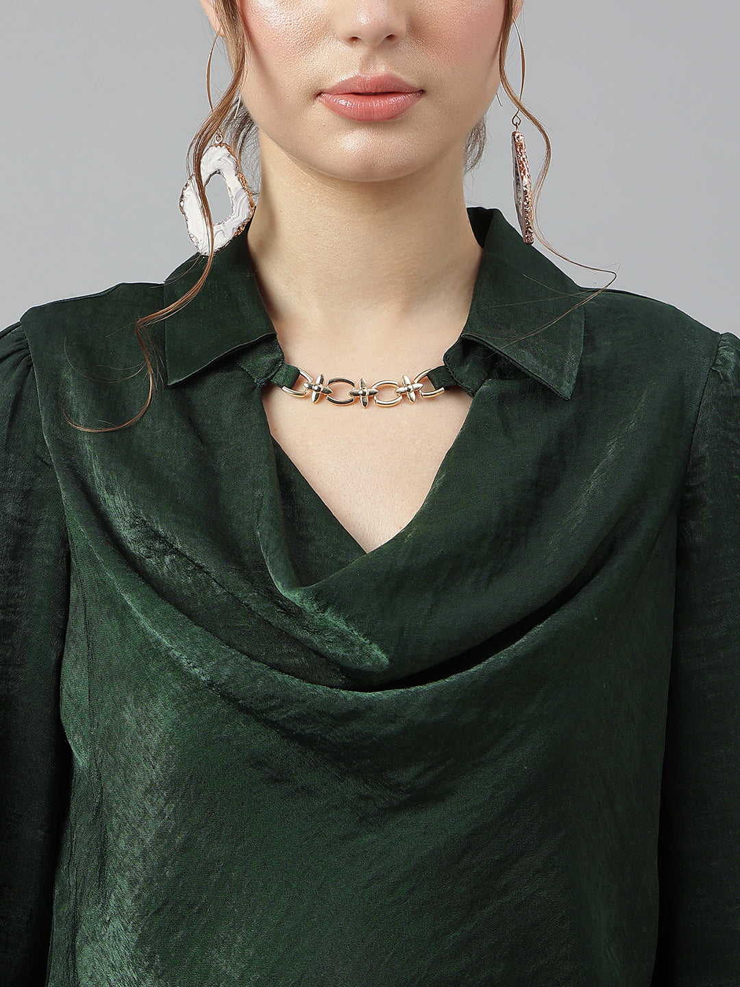 Latin Quarters Women's Green Full Sleeves Collar Neck Casual Solid Top