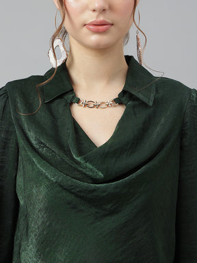 Latin Quarters Women's Green Full Sleeves Collar Neck Casual Solid Top