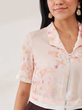 Latin Quarters Women's Peach Printed Half Sleeves Collar Neck Casual Top
