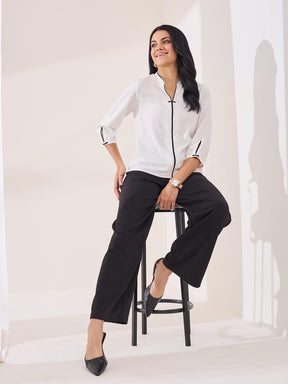 Latin Quarters Women's White Solid 3/4th Sleeve Mandarin Neck Casual Top