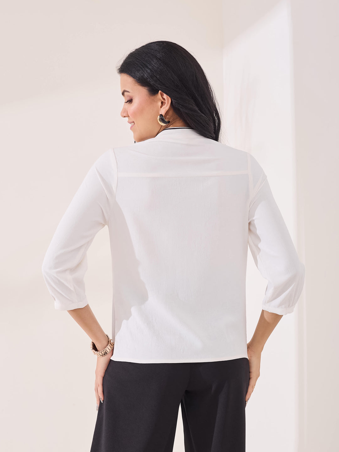 Latin Quarters Women's White Solid 3/4th Sleeve Mandarin Neck Casual Top