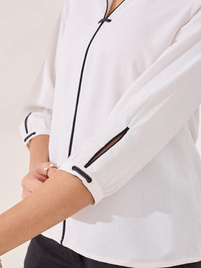 Latin Quarters Women's White Solid 3/4th Sleeve Mandarin Neck Casual Top