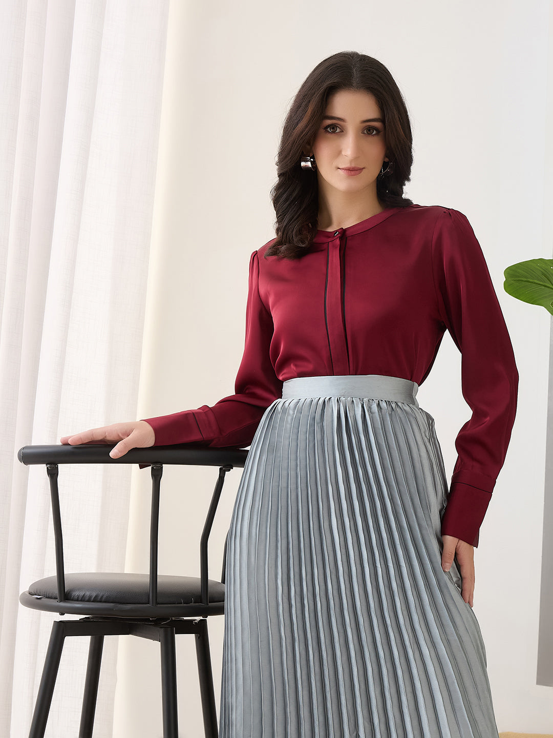 Latin Quarters Women Maroon Solid Full Sleeves Casual Top