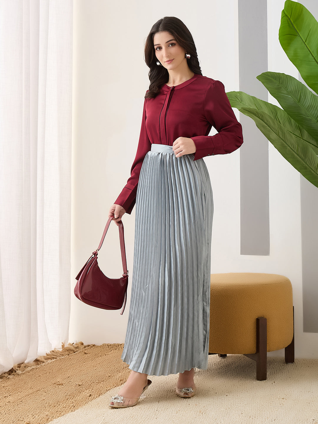 Latin Quarters Women Maroon Solid Full Sleeves Casual Top