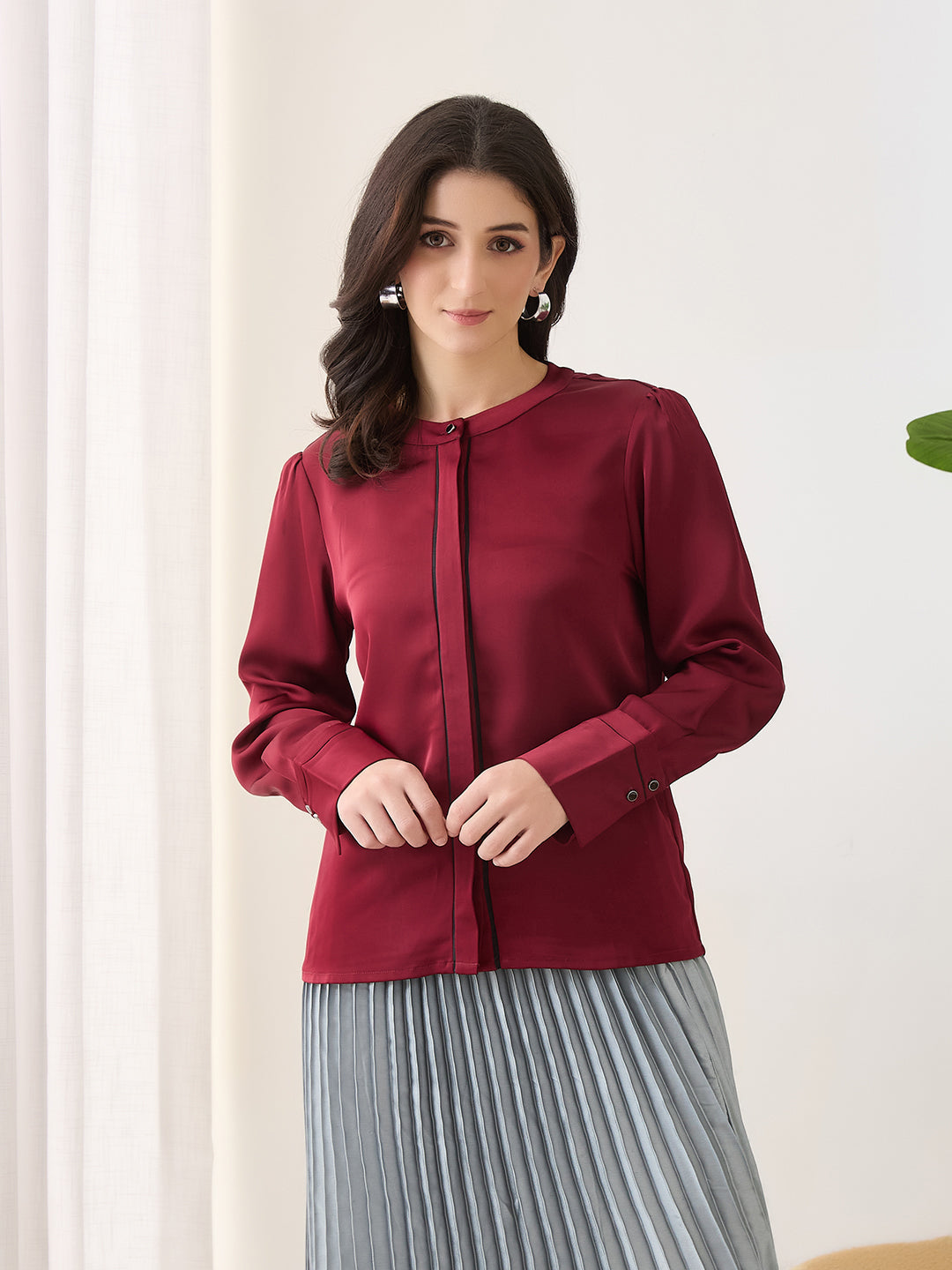 Latin Quarters Women Maroon Solid Full Sleeves Casual Top