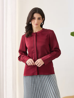 Latin Quarters Women Maroon Solid Full Sleeves Casual Top