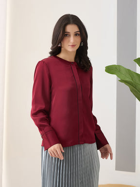 Latin Quarters Women Maroon Solid Full Sleeves Casual Top