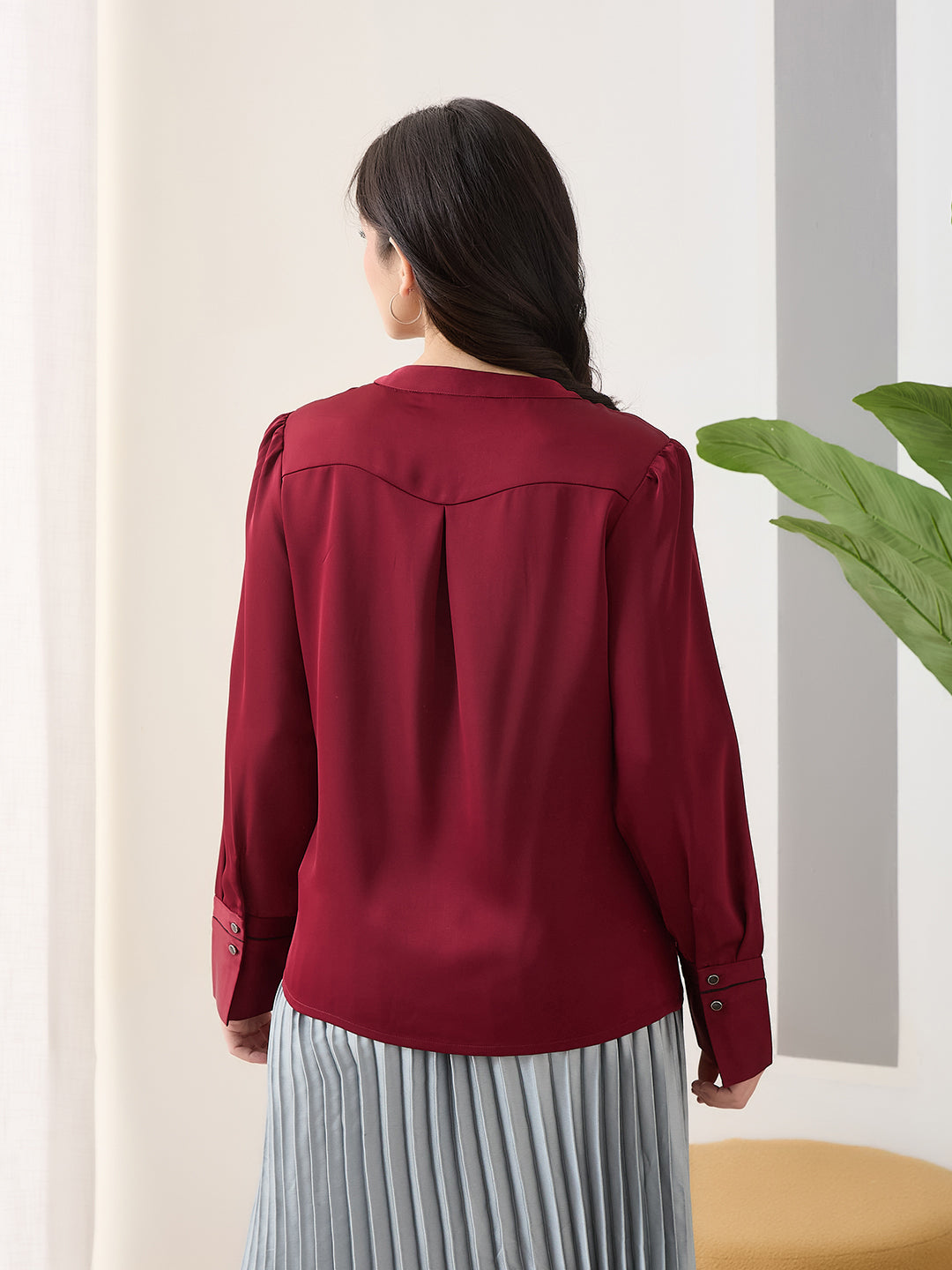 Latin Quarters Women Maroon Solid Full Sleeves Casual Top