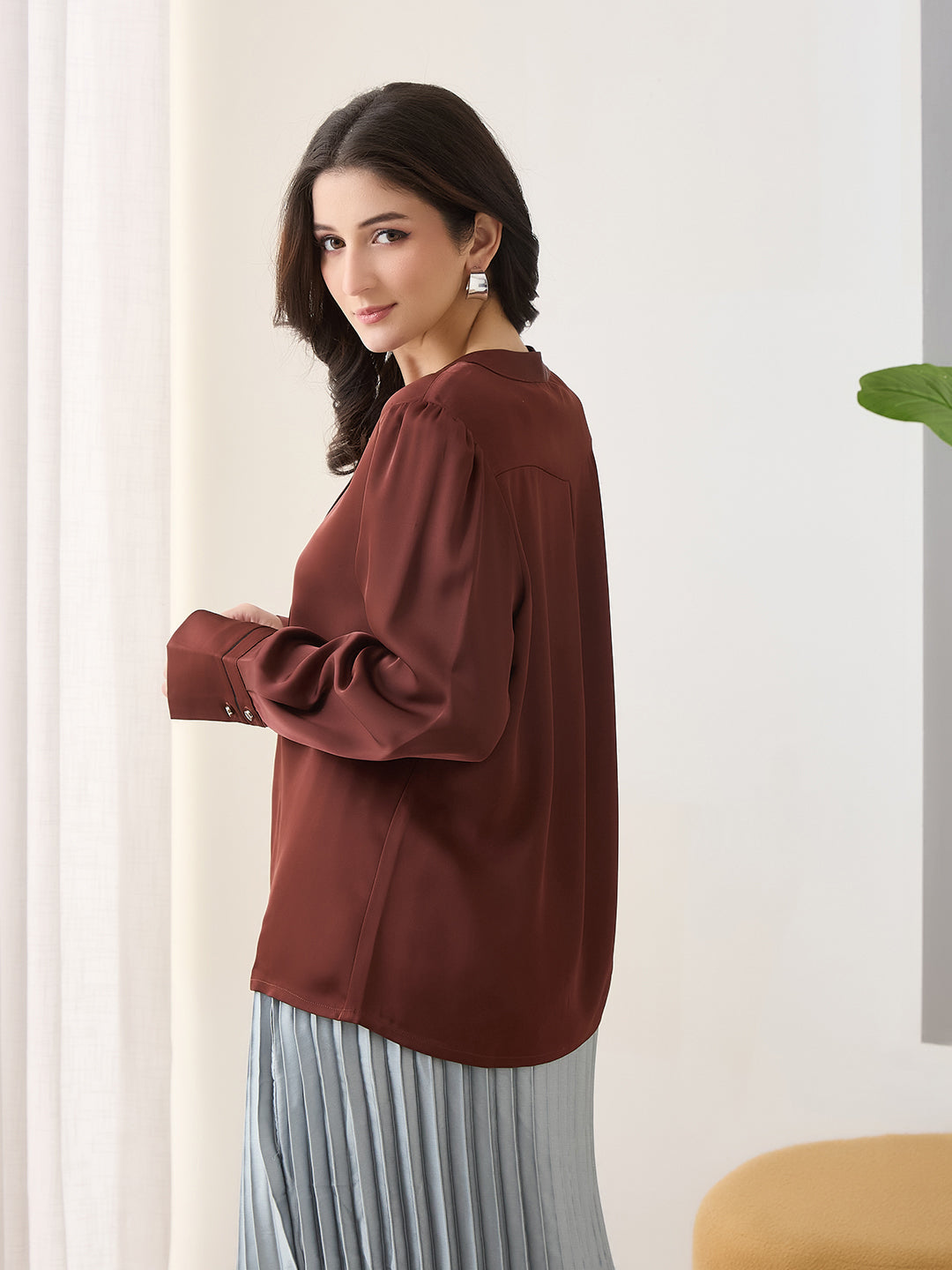 Latin Quarters Women Brown Solid Full Sleeves Casual Top
