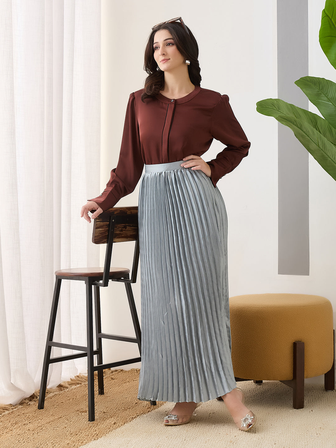 Latin Quarters Women Brown Solid Full Sleeves Casual Top