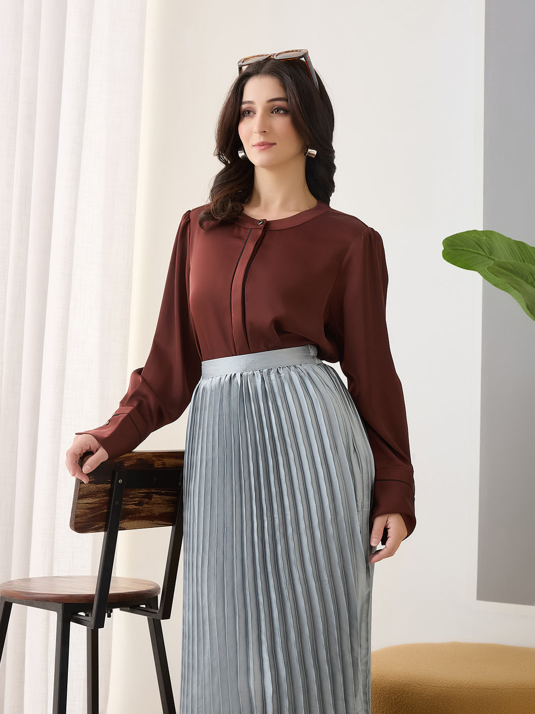 Latin Quarters Women Brown Solid Full Sleeves Casual Top