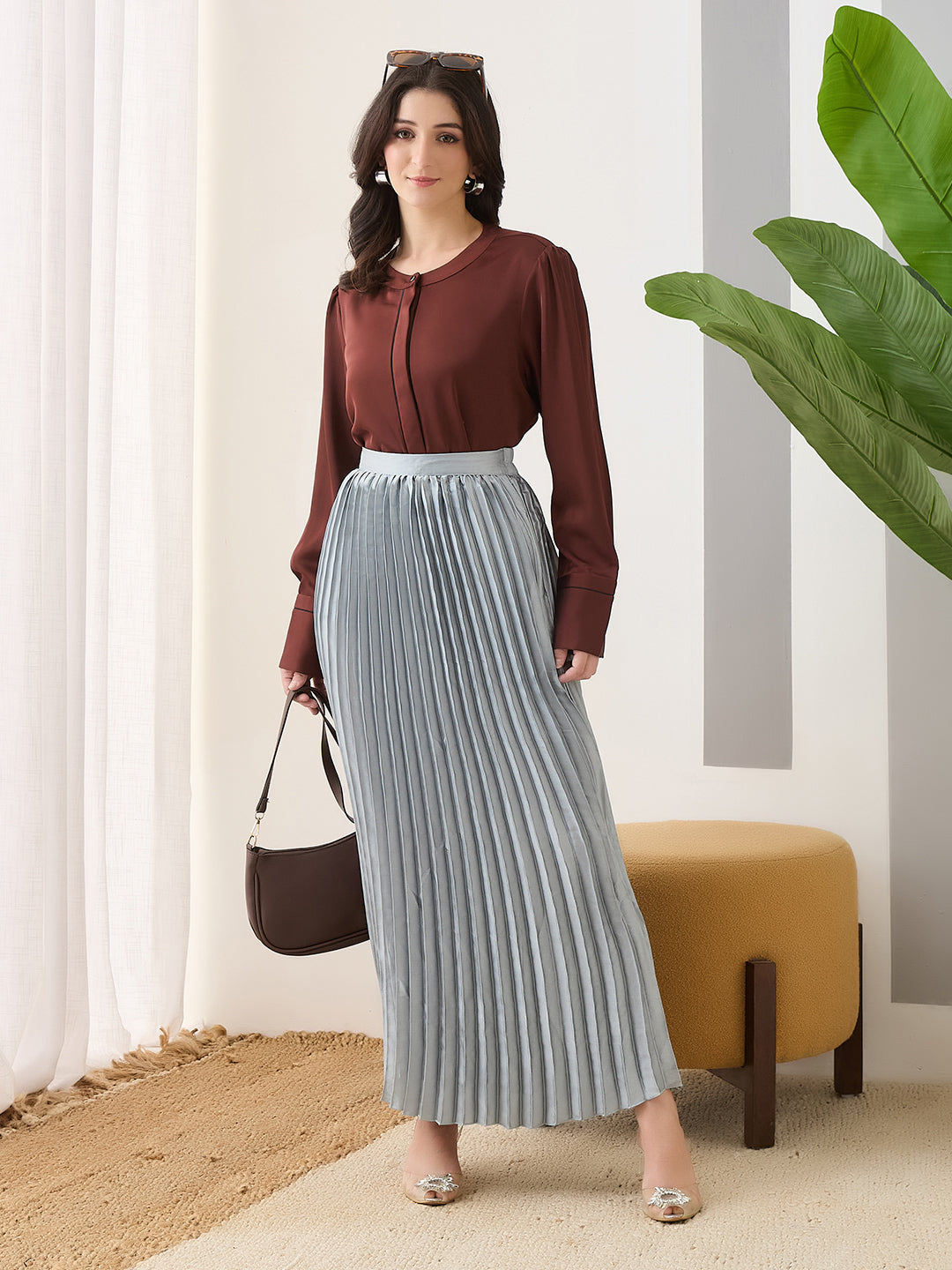 Latin Quarters Women Brown Solid Full Sleeves Casual Top