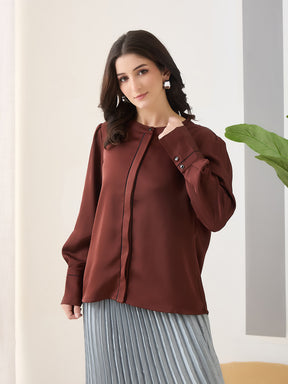 Latin Quarters Women Brown Solid Full Sleeves Casual Top