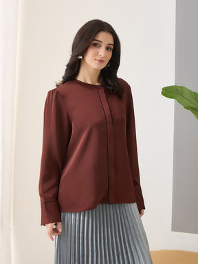 Latin Quarters Women Brown Solid Full Sleeves Casual Top