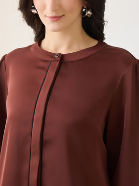 Latin Quarters Women Brown Solid Full Sleeves Casual Top