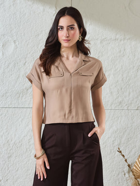 Latin Quarters Women's Beige Solid Cap Sleeves Collared Casual Shirt