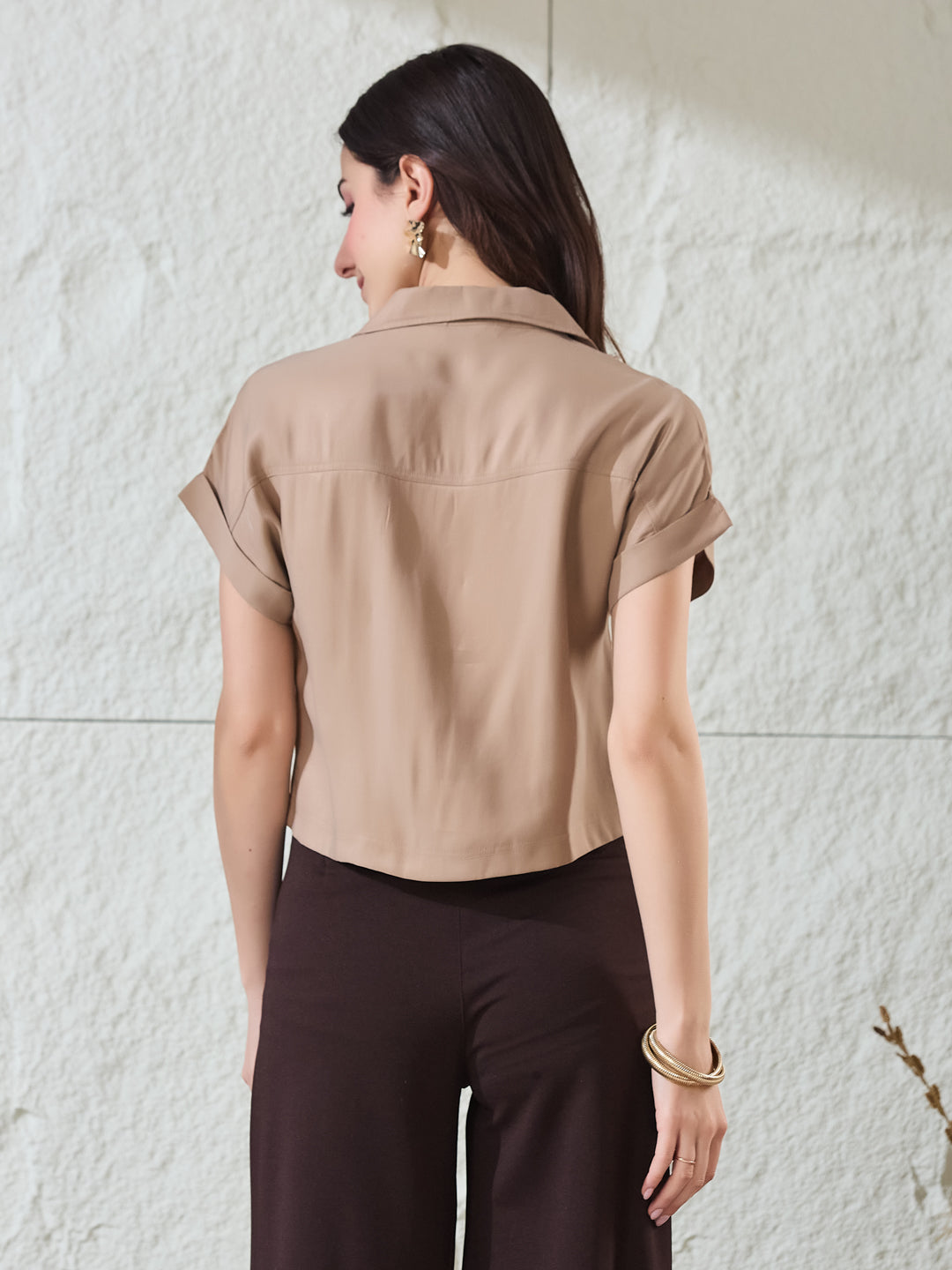 Latin Quarters Women's Beige Solid Cap Sleeves Collared Casual Shirt