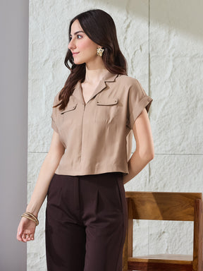 Latin Quarters Women's Beige Solid Collared Cap Sleeves Casual Shirt