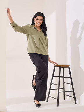 Latin Quarters Women's Green Solid 3/4th Sleeve Collar Neck Casual Tunic