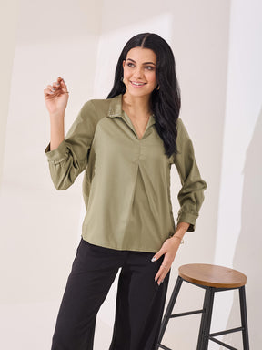 Latin Quarters Women's Green Solid 3/4th Sleeve Collar Neck Casual Tunic
