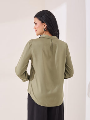 Latin Quarters Women's Green Solid 3/4th Sleeve Collar Neck Casual Tunic