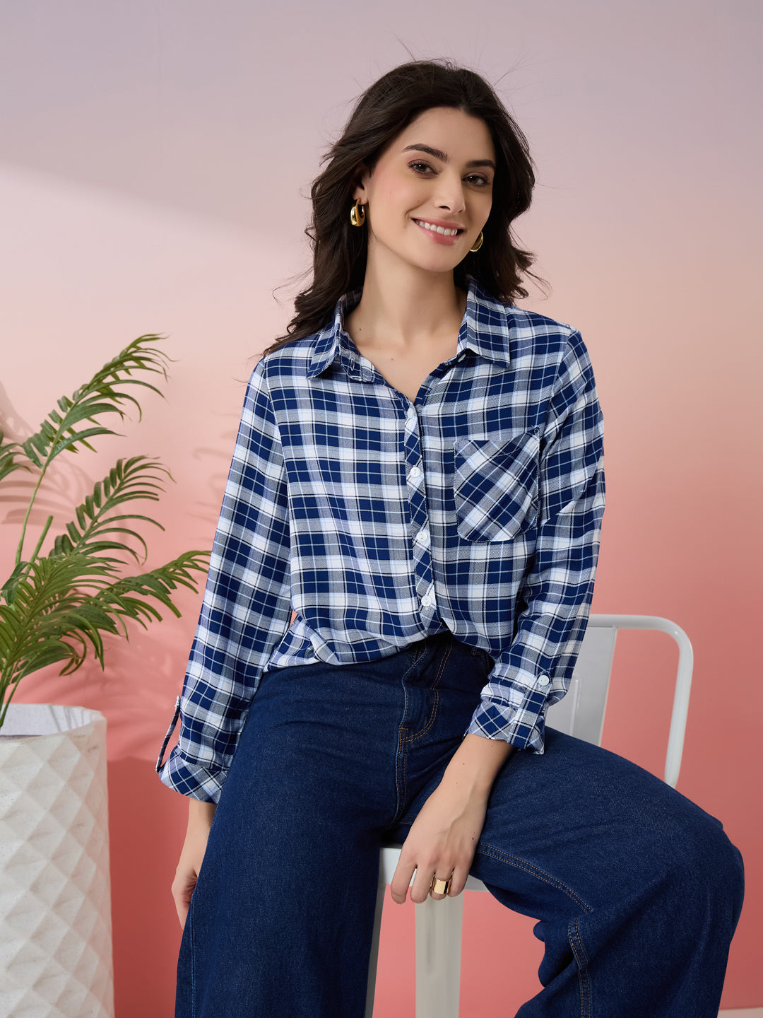 Latin Quarters Women's Blue Check Collar Neck Full Sleeves Casual Shirt