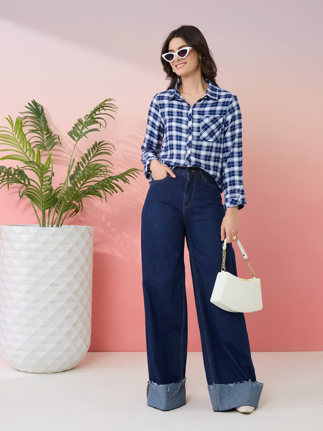 Latin Quarters Women's Blue Check Collar Neck Full Sleeves Casual Shirt
