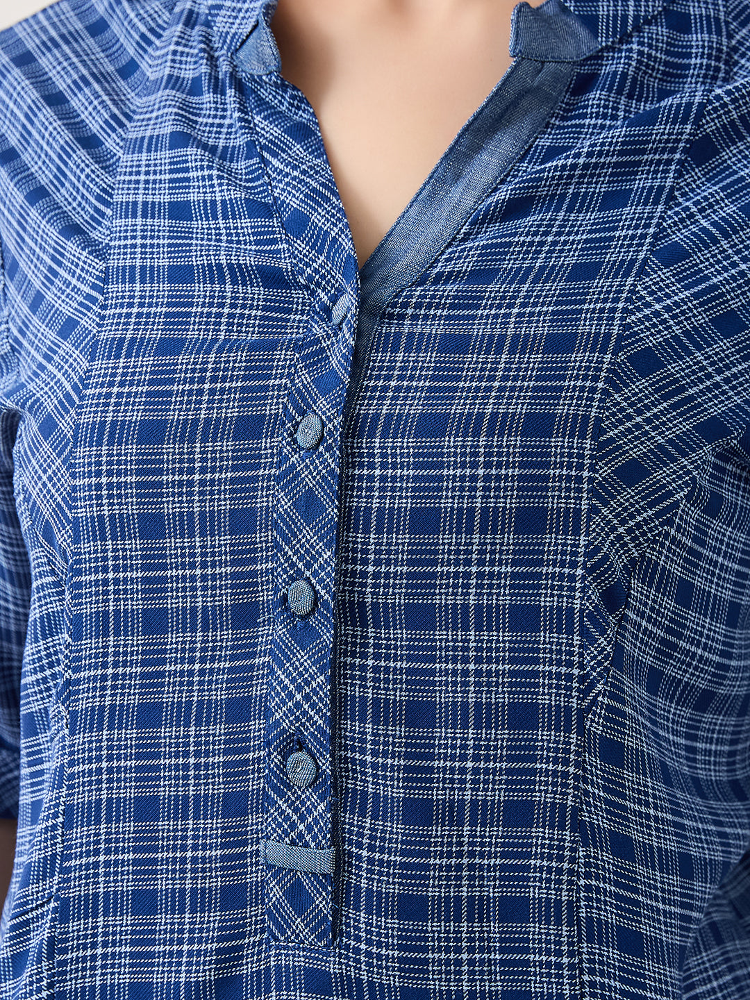 Latin Quarters Women Blue Half Sleeves Mandarin Collar Checkered Casual Top