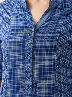 Latin Quarters Women Blue Half Sleeves Mandarin Collar Checkered Casual Top