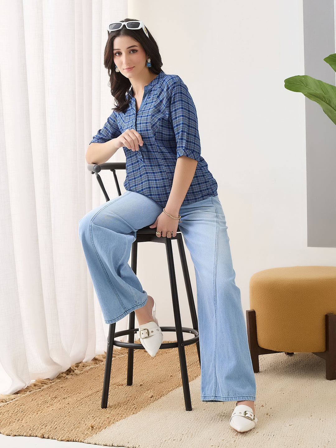 Latin Quarters Women Blue Half Sleeves Mandarin Collar Checkered Casual Top