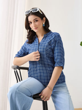 Latin Quarters Women Blue Half Sleeves Mandarin Collar Checkered Casual Top