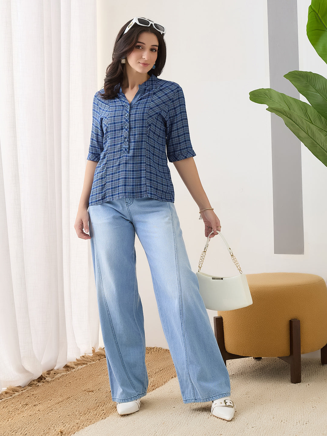 Latin Quarters Women Blue Half Sleeves Mandarin Collar Checkered Casual Top