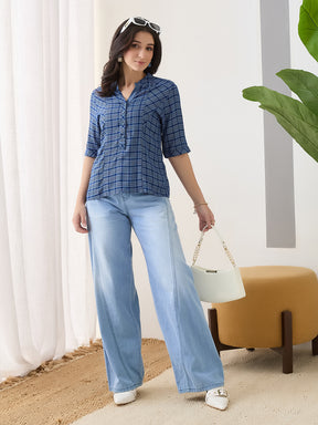 Latin Quarters Women Blue Half Sleeves Mandarin Collar Checkered Casual Top