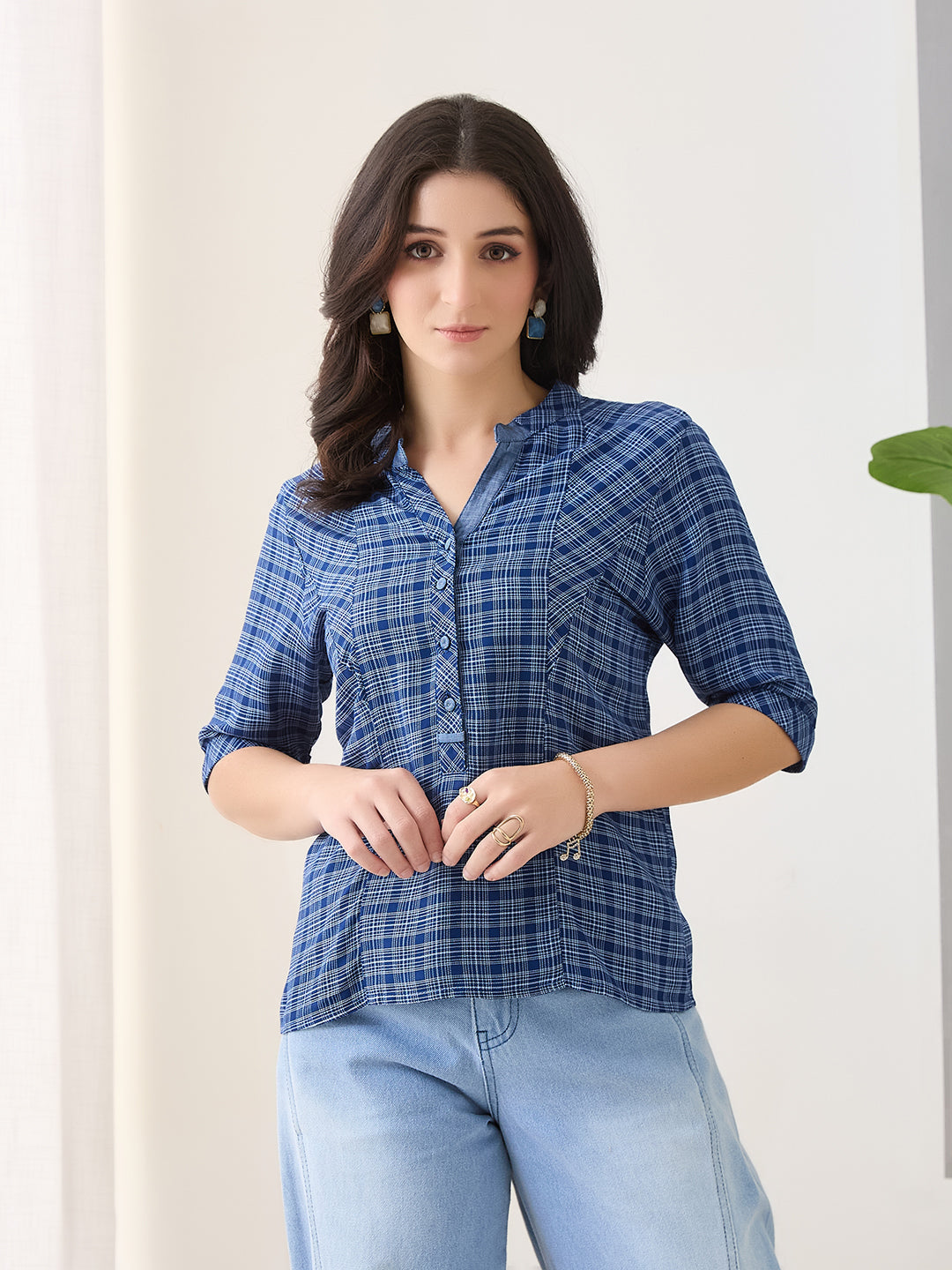 Latin Quarters Women Blue Half Sleeves Mandarin Collar Checkered Casual Top