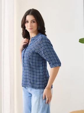 Latin Quarters Women Blue Half Sleeves Mandarin Collar Checkered Casual Top