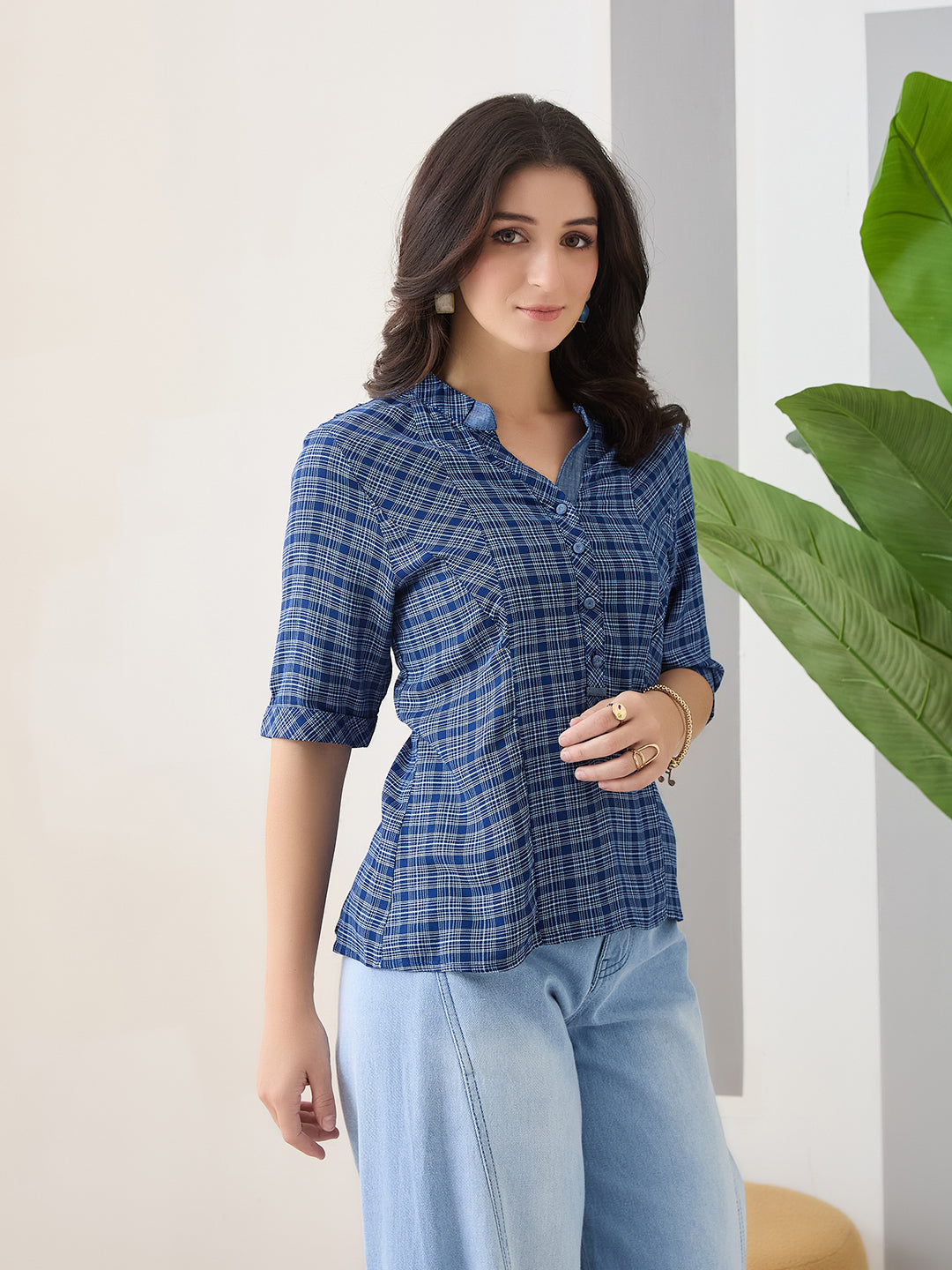 Latin Quarters Women Blue Half Sleeves Mandarin Collar Checkered Casual Top