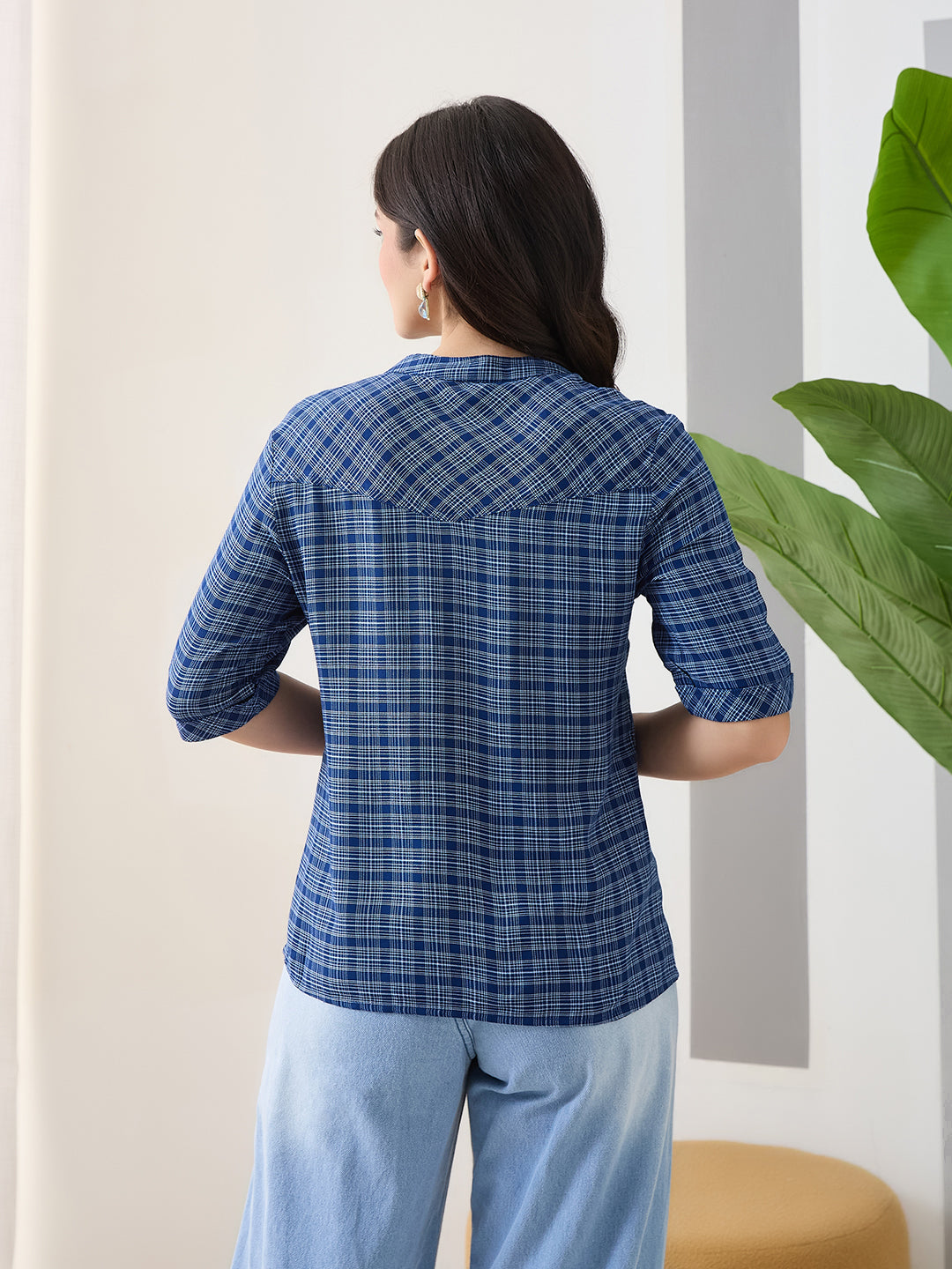 Latin Quarters Women Blue Half Sleeves Mandarin Collar Checkered Casual Top