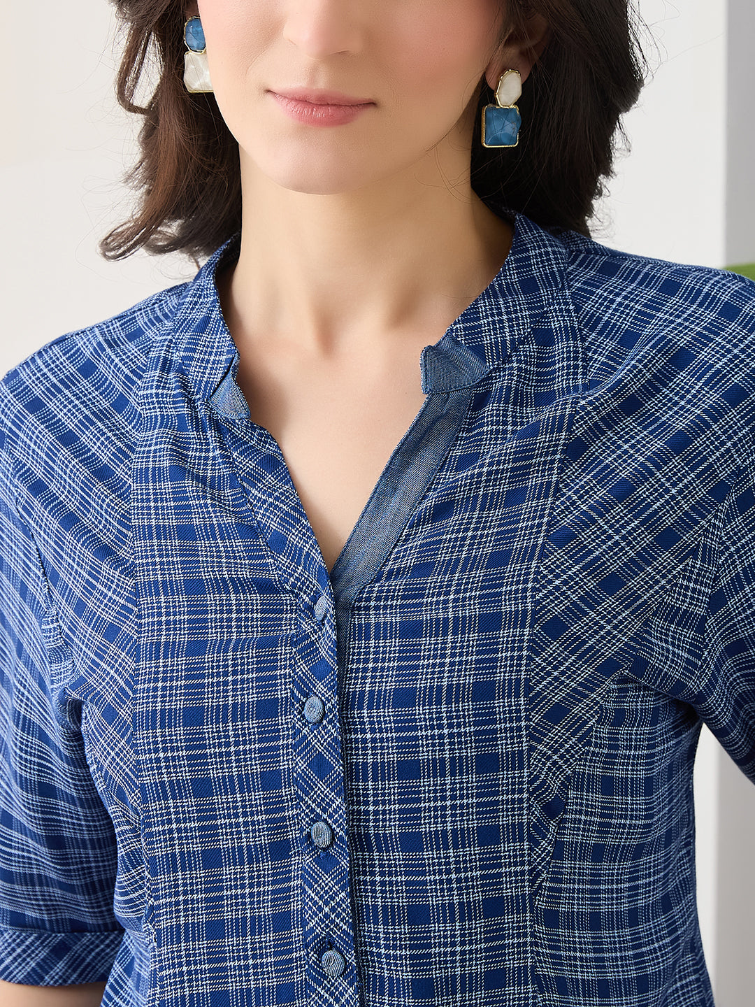 Latin Quarters Women Blue Half Sleeves Mandarin Collar Checkered Casual Top